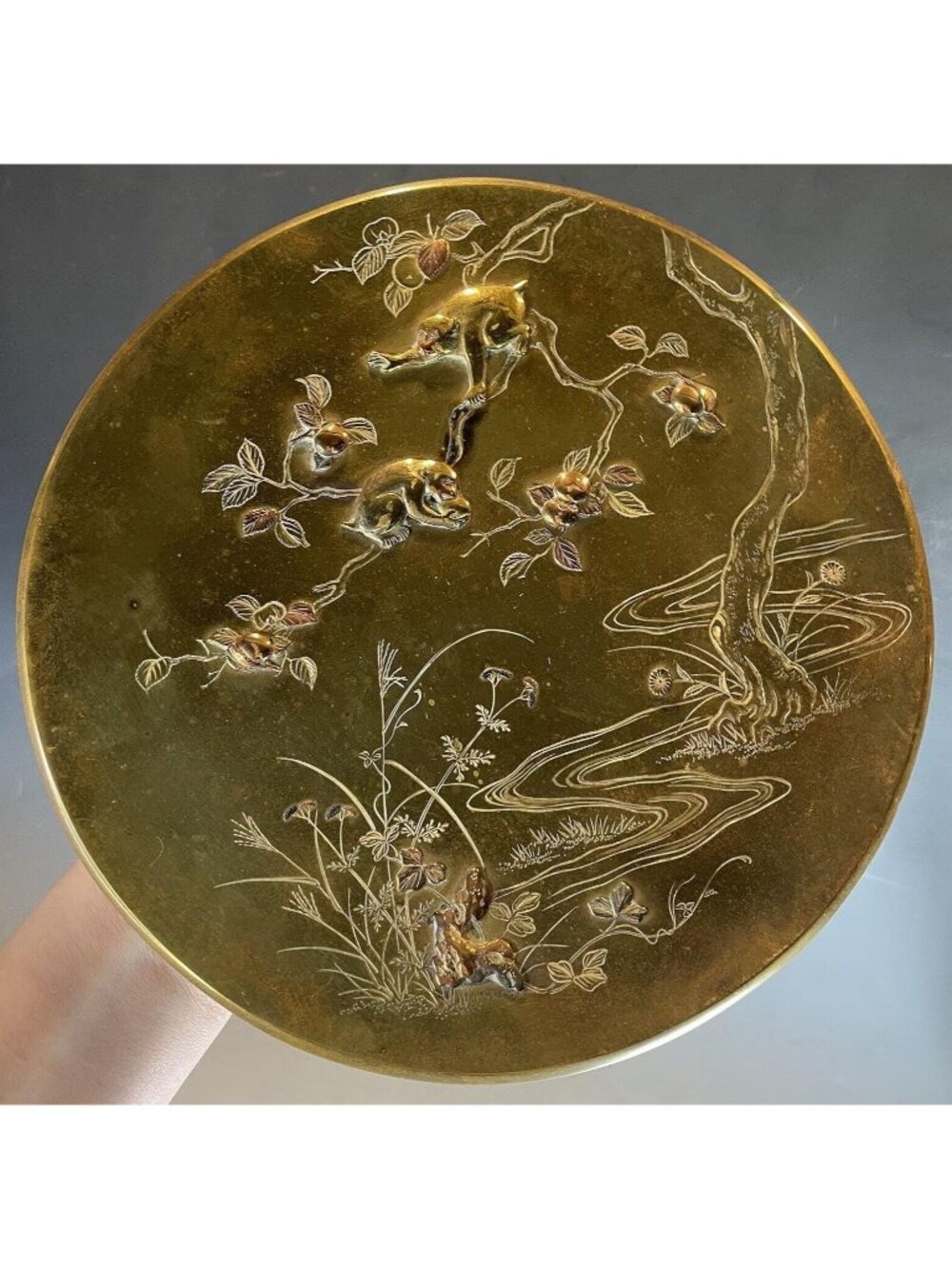 FINE Antique Meiji Japanese Mixed Metal Display Plate Charger Bronze Gilt Monkey